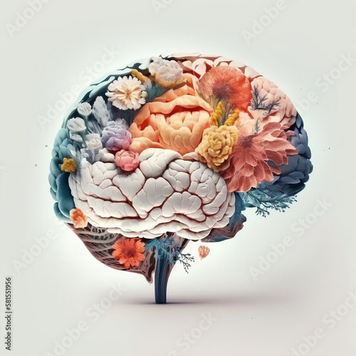 Illustration of a brain with flowers in it - mental health and selfcare concept