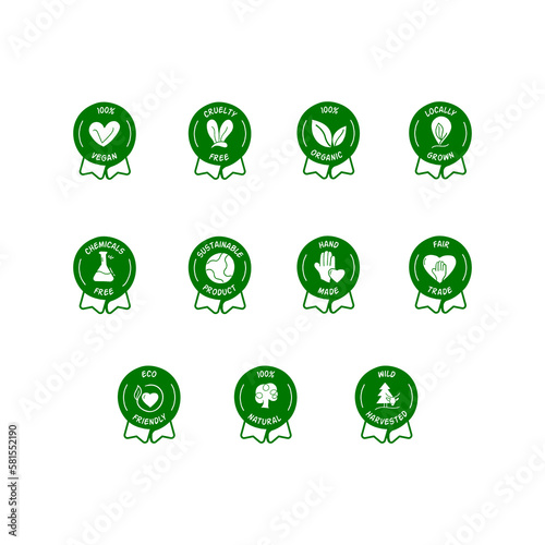 Eco-friendly product badges. Natural Product Symbols Vector Icon set. Eco-Friendly Icon. Organic product feature Badges.
