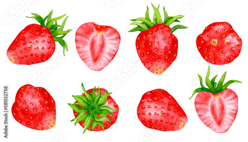 Fototapeta Naklejka Na Ścianę i Meble -  Set of watercolor strawberries isolated on white background. Design elements for packaging, logo, cards, etc.
