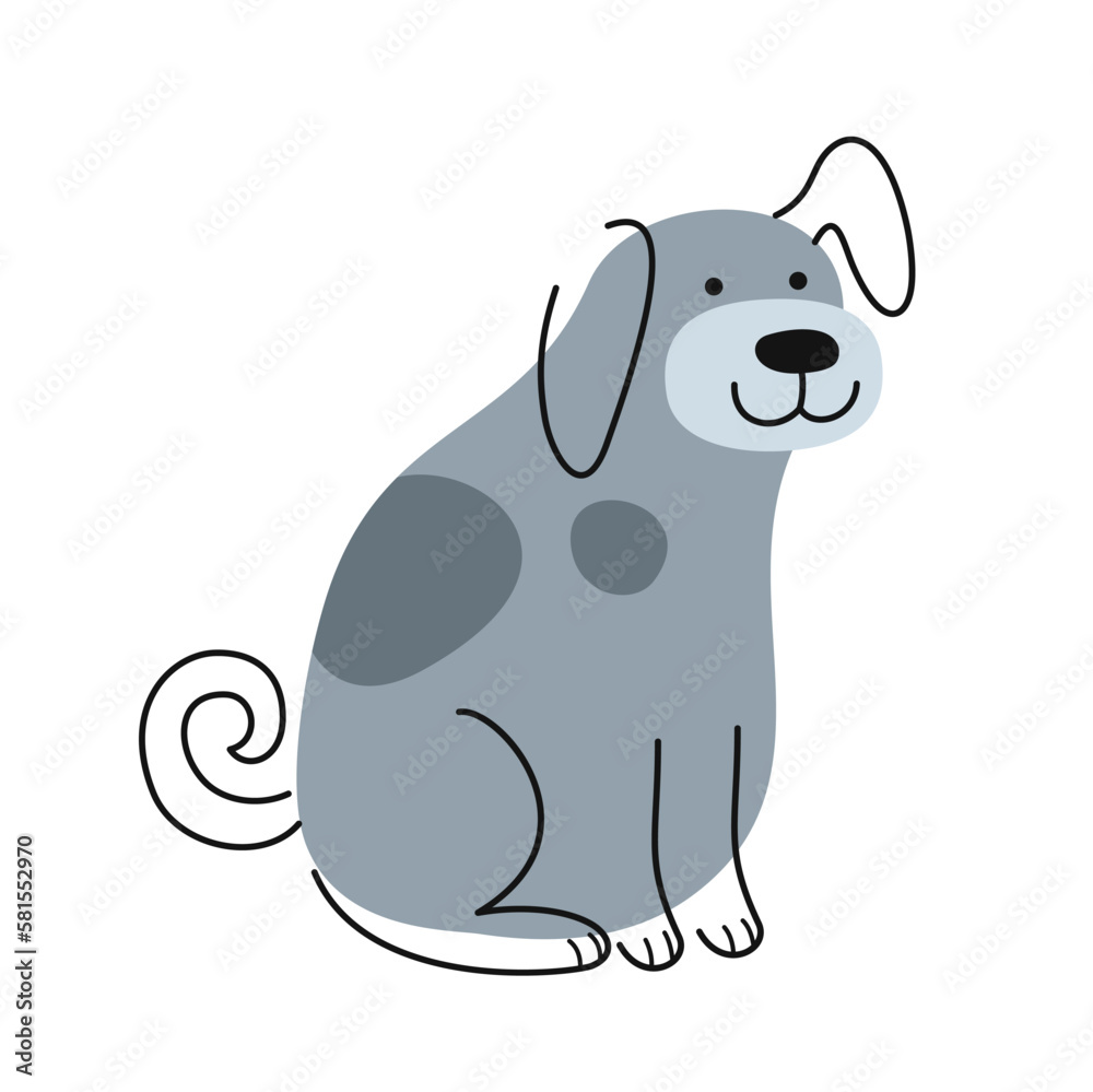 Fototapeta premium Cute Doodle Dog. Colorful sticker or icon with gray funny puppy. Smiling pet or adorable animal. Design element for print. Cartoon flat vector illustration isolated on white background