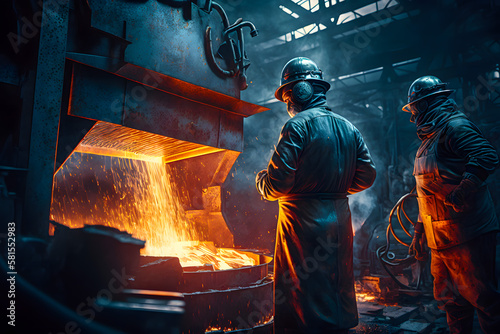 Liquid iron molten metal pouring in container, industrial metallurgical factory, foundry cast, heavy industry. Factory workers in protective suits work. Generative AI