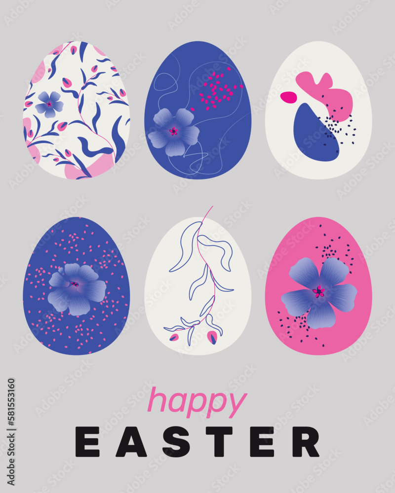 Set of colored Easter eggs. Happy Easter card, banner with cute eggs and spring flowers. Vector illustrations. Spring poster or banner. 