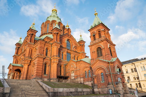 .facade building uspensky cathedral church in helsinki finland photo