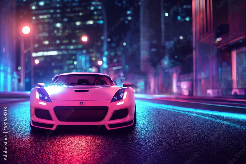 a sports car driving down a city street at night with neon lights on ...