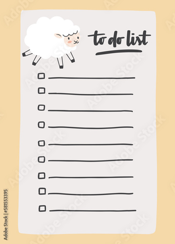 To do list template decorated by cute sheep. Cute design of schedule, daily planner or checklist. Vector hand-drawn illustration. Perfect for planning, notes and self-organization.