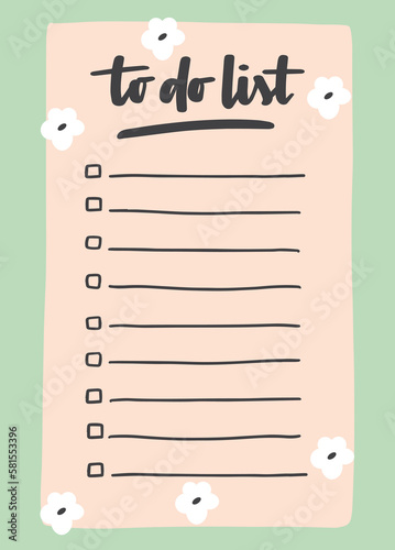 To do list template decorated by cute flower. Cute design of schedule, daily planner or checklist. Vector hand-drawn illustration. Perfect for planning, notes and self-organization.