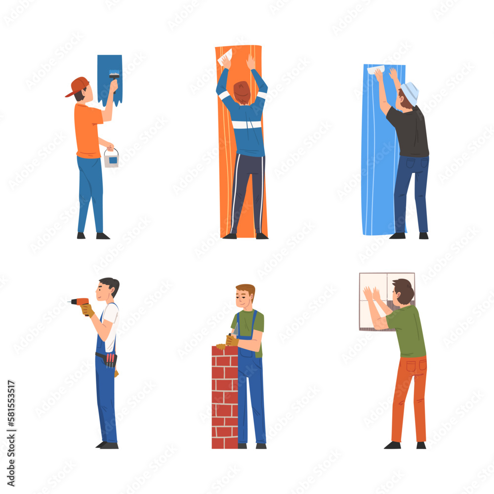 Handyman or Fixer as Skilled Man Engaged in Home Repair Work Vector Set Handyman or Fixer as Skilled Man Engaged in Home Repair Work Vector Set