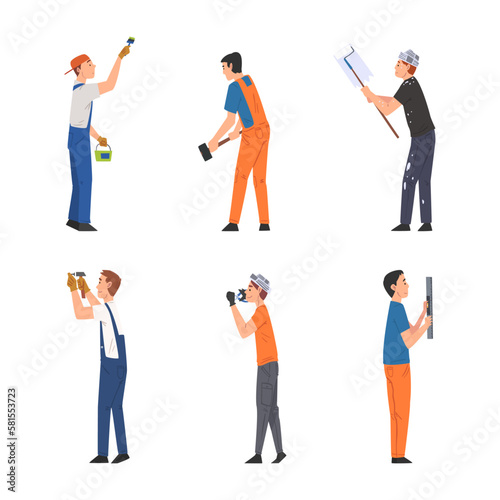 Handyman or Fixer as Skilled Man Engaged in Home Repair Work Vector Set