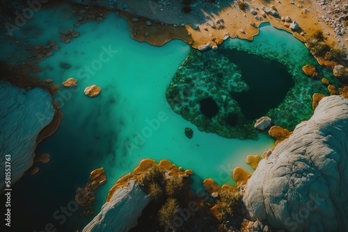 Cinematic aerial footage of beautiful nature abstract crystal clear emarald pool during sunrise © dhaval