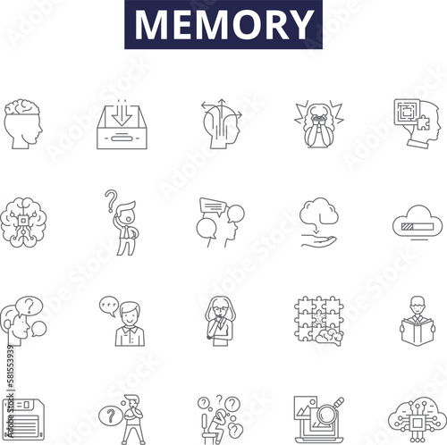 Memory line vector icons and signs. Retention, Remembrance, Cache, Memorize, Reminisce, Impression, Legacy, Mnemonic outline vector illustration set