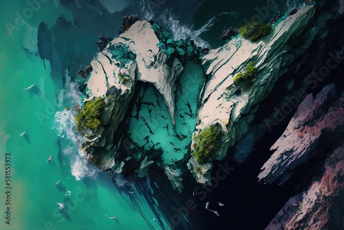 Aerial shot of cliff rock face with green ocean water - birds eye view looking down