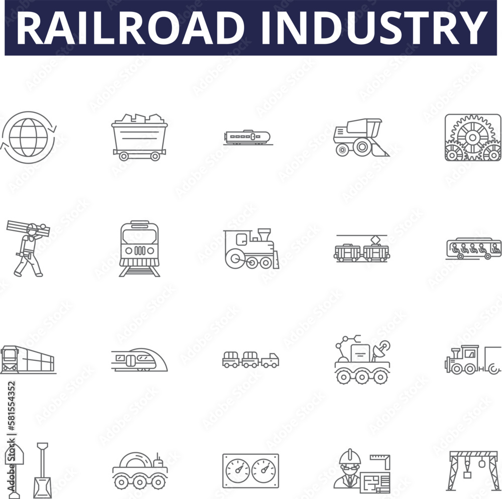 Railroad industry line vector icons and signs. Railroad, Tracks, Locomotive, Train, Coal, Rolling-stock, Transport, Cargo outline vector illustration set