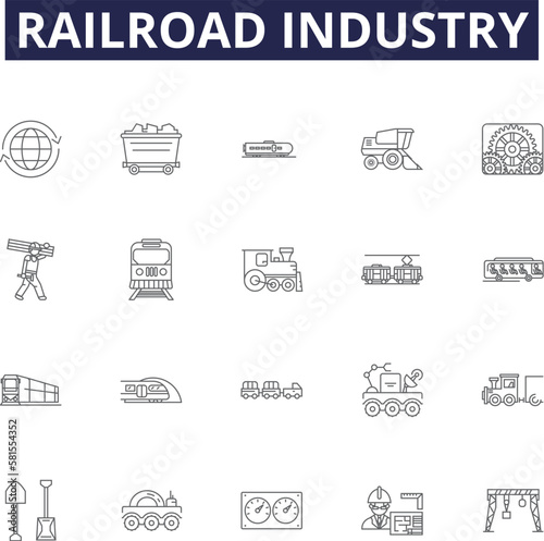 Obraz na płótnie Railroad industry line vector icons and signs. Railroad, Tracks, Locomotive, Train, Coal, Rolling-stock, Transport, Cargo outline vector illustration set w salonie