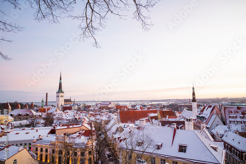 .view of the old town and the town hall on the roofs of houses in the center of Tallinn.Estonia.