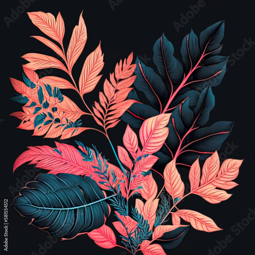 bright bouquet of blue and coral-pink tropical leaves on a black background, art, design