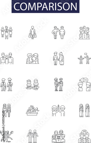 Comparison line vector icons and signs. Contrast, Differentiate, Relate, Comparer, Comparing, Collate, Variegate, Correlate outline vector illustration set