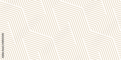 Geometric lines seamless pattern. Golden vector texture with thin diagonal stripes, lines, chevron, zigzag. Abstract gold and white graphic background. Luxury linear ornament. Trendy repeat design