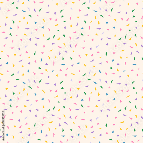 Vector abstract minimalist geometric texture with small colorful triangles, pink, blue, lilac, yellow, green. Elegant modern seamless pattern. Simple cute minimal background. Repeat geo design