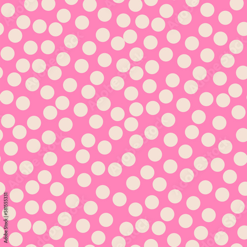 Polka dot vector seamless pattern. Abstract minimal funky texture with small irregular white circles on pink background. Modern dots ornament pattern. Cute repeat design for decor, fabric, print, wrap