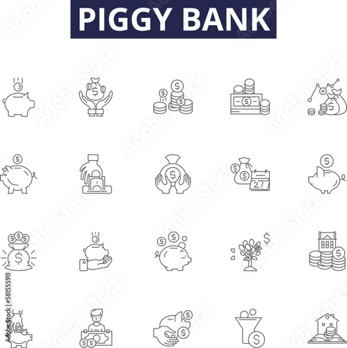 Piggy bank line vector icons and signs. bank, savings, coin, container, money, jar, ceramic, plastic outline vector illustration set