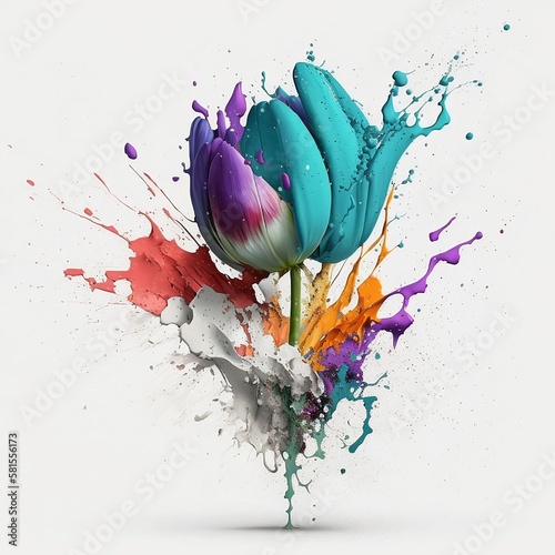 Tulip from splashes of paints. Tulip on a light background. Generative AI.