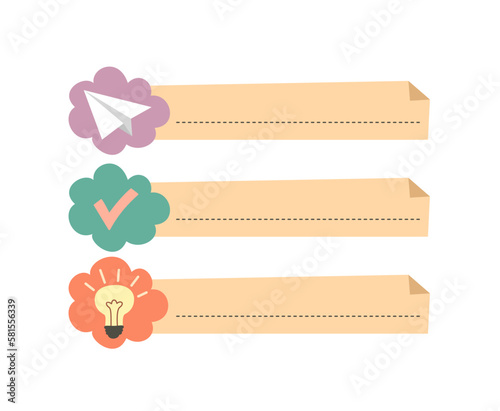Cute journal and planner design. Decorative stickers with light bulb, airplane and check mark for reminder or to do list. Time management. Cartoon flat vector collection isolated on white background
