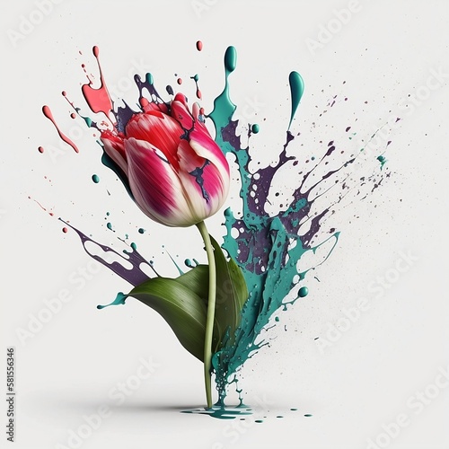 Tulip from splashes of paints. Tulip on a light background. Generative AI.