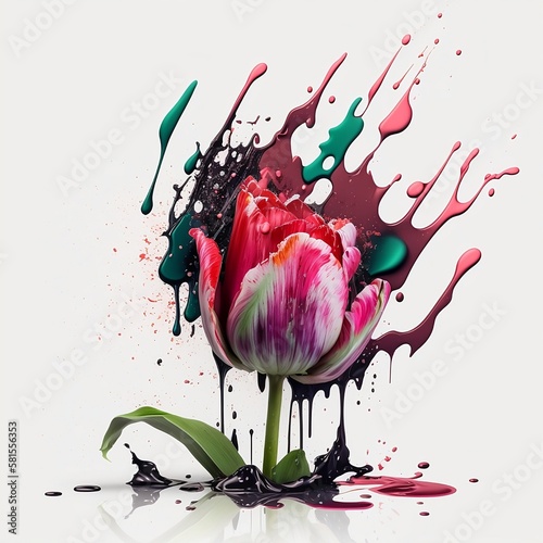 Tulip from splashes of paints. Tulip on a light background. Generative AI.
