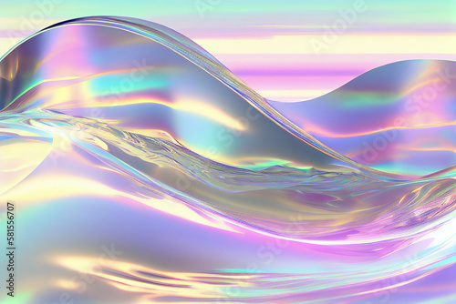 3d style abstract background in nature landscape. Transparent glossy glass ribbon on water. Holographic curved wave in motion. Iridescent design element for banner. Generative Ai.