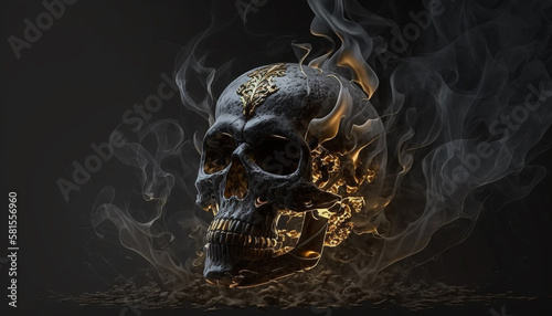smoking skull on black background, generative ai