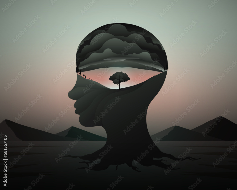 Double exposure silhouette of human head with mental health concept