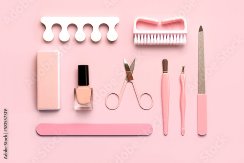Composition with cosmetics and accessories for manicure or pedicure. Manicure and pedicure concept