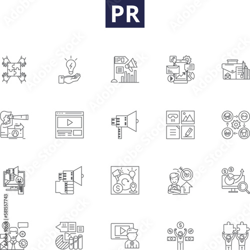 Pr line vector icons and signs. Primp, Presell, Propel, Pragmatic, Provision, Proactive, Prolific, Presto outline vector illustration set