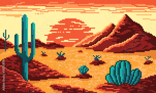 Pixel hot desert with mountains and cacti background. Dry 8bit valley with yellow sand and red hills with sun in hot haze. Gradient pixelated sky before vector sunrise