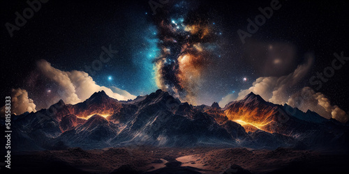 Astrophotography mountainscape. AI generated illustration