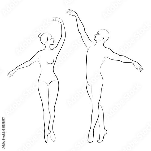 Silhouette of a cute lady and youth, they dance ballet. The woman and the man have beautiful slender figures. Girl ballerina and boyfriend dancer. Ballet dancer. Vector illustration