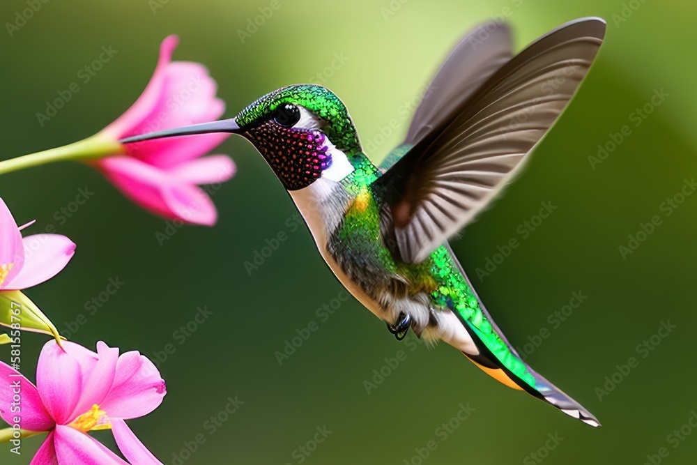 Fototapeta premium Hummingbird in the treetops in a tropical rainforest, bright flowers and leaves, exotic plants, vines. Wildlife concept of ecological environment. Generative AI