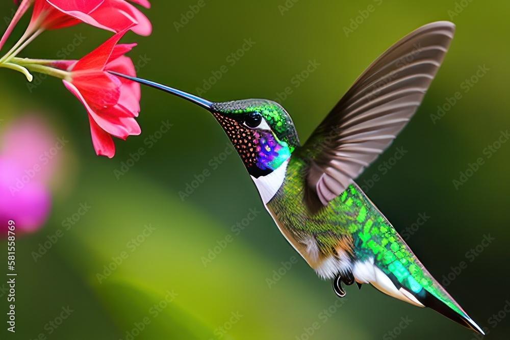 Obraz premium Hummingbird in the treetops in a tropical rainforest, bright flowers and leaves, exotic plants, vines. Wildlife concept of ecological environment. Generative AI