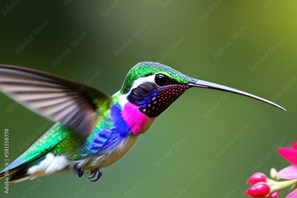 Fototapeta premium Hummingbird in the treetops in a tropical rainforest, bright flowers and leaves, exotic plants, vines. Wildlife concept of ecological environment. Generative AI