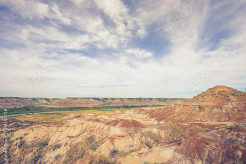 Landscape of a dramatic sky over the Badlands of Drumheller