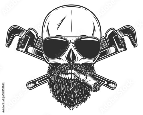 Skull smoking cigar or cigarette in sunglasses with mustache and beard with construction wrench for gas and builder plumbing pipe or body shop mechanic spanner repair tool vintage vector illustration
