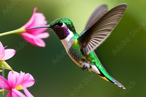 Hummingbird in the treetops in a tropical rainforest, bright flowers and leaves, exotic plants, vines. Wildlife concept of ecological environment. Generative AI photo