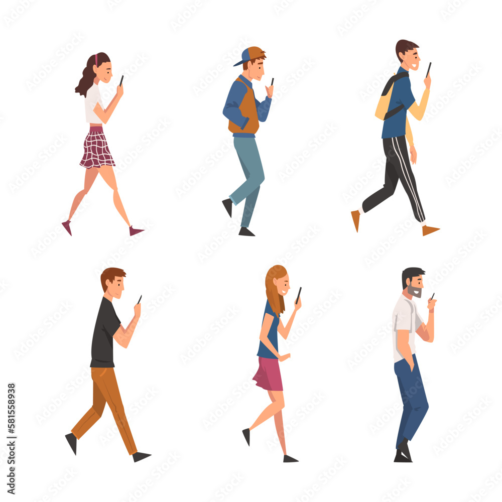 People Character Walking and Speaking by Smartphone or Chatting Vector Set People Character Walking and Speaking by Smartphone or Chatting Vector Set