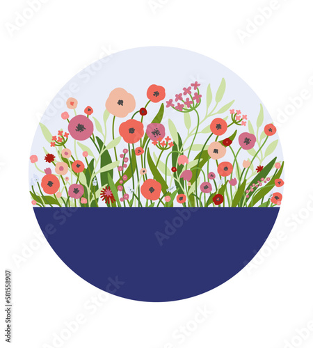 Spring collection of the wild flowers. Circle design shape 