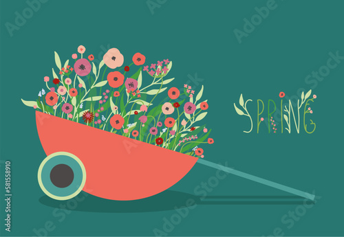 Spring greeting card. Spring illustration of the decorative flower bed in the garden wheelbarrow