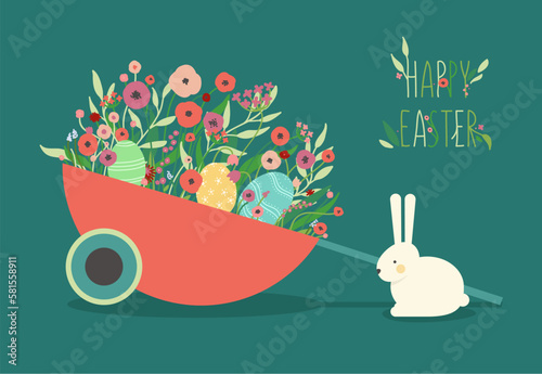 Easter greeting card. Illustration of the Easter bunny, Easter eggs and floral composition in the garden wheelbarrow