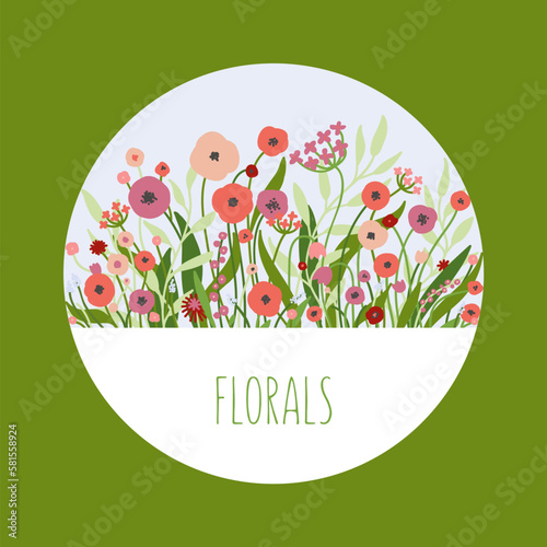 Floral collection of the wild flowers. Circle design frame