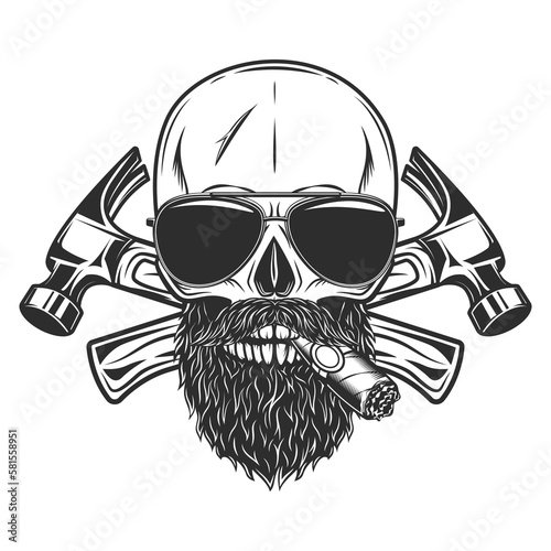 Skull smoking cigar or cigarette with mustache and beard and sunglasses builder crossed hammers from new construction and remodeling house business in monochrome vintage style illustration