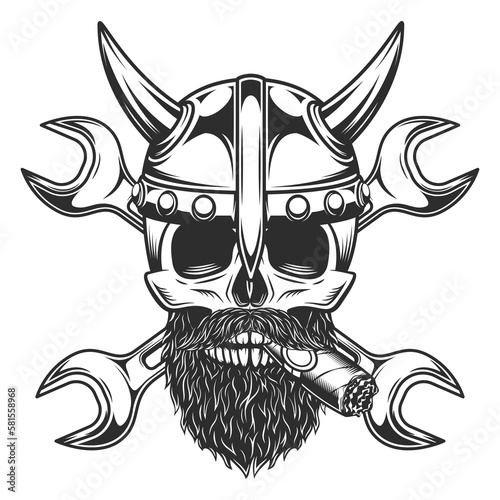 Viking skull smoking cigar or cigarette witn mustache with beard in horned helmet and construction builder plumbing wrench or body shop repair car and truck mechanic service tool crossed spanner