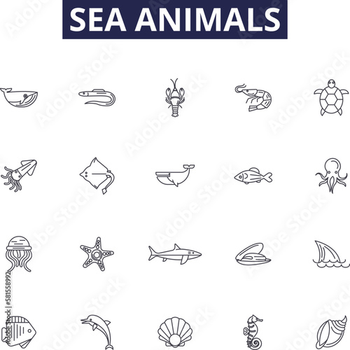 Sea animals line vector icons and signs. Sharks, Whales, Octopuses, Fish, Rays, Crabs, Starfish, Turtles outline vector illustration set